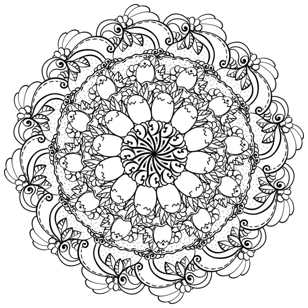 Outline mandala with eggs and a peeking chicken, creative coloring page with Easter doodle motifs vector