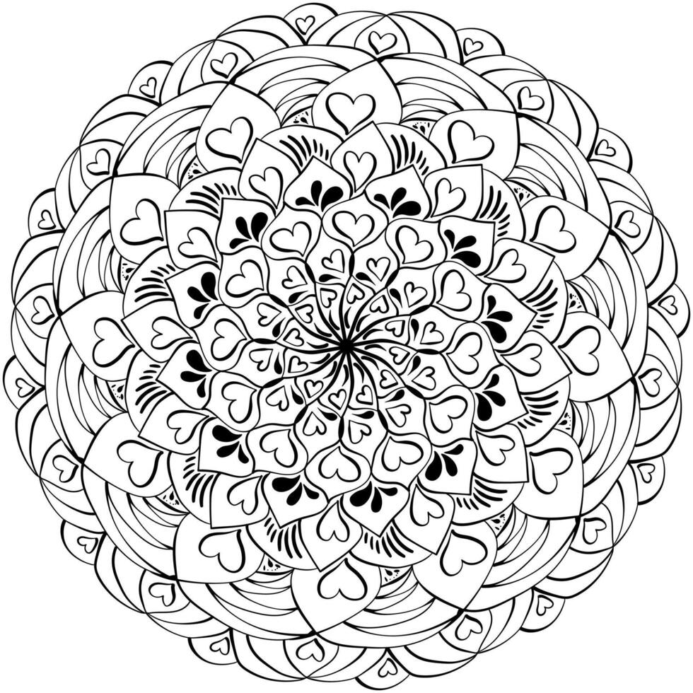 Outline mandala with creative elements and hearts, doodle coloring page with symmetrical vector