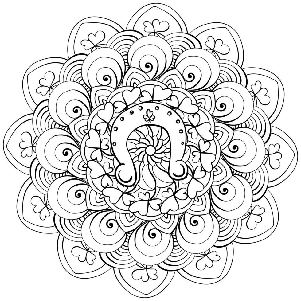 Mandala with horseshoe and shamrock symbols of good luck, abstract coloring page for St. Patrick's Day for kids and adult activity vector
