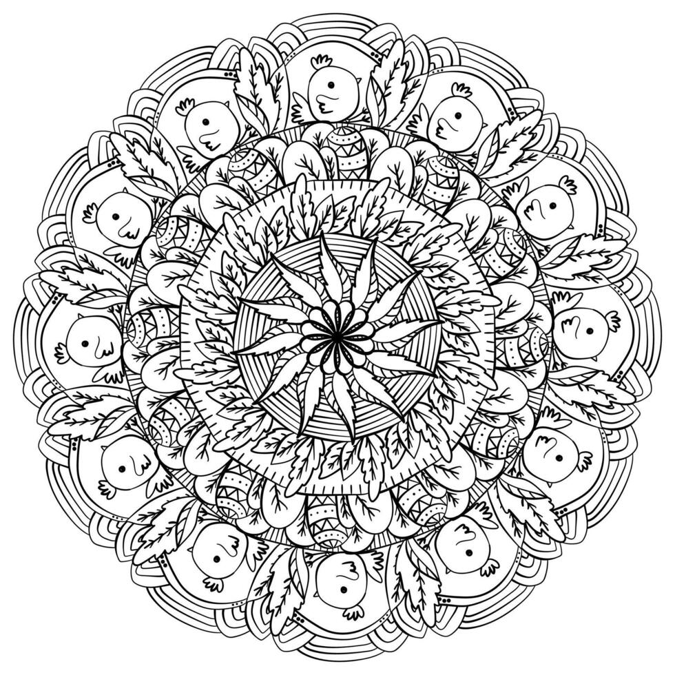 Mandala with hidden Easter eggs and chickens, fantasy coloring page for activity vector