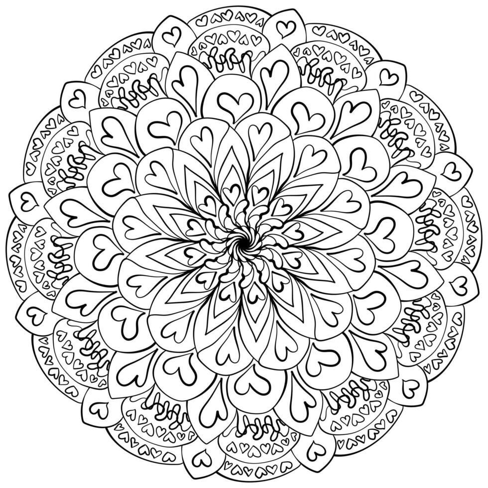 Hand drawn mandala with flower and hearts, creative coloring page for design or activity vector