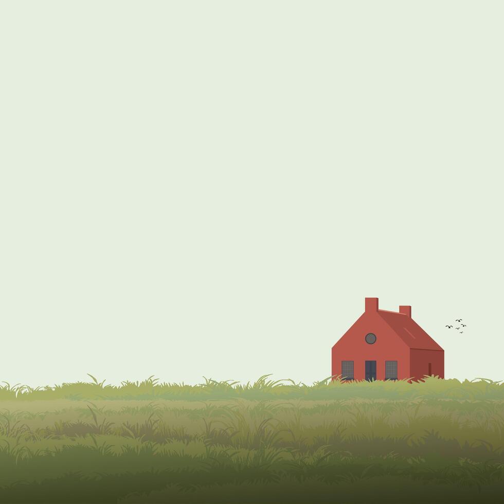 Minimalist landscape grass field with barn geometric shape flat design illustrated have blank space. vector