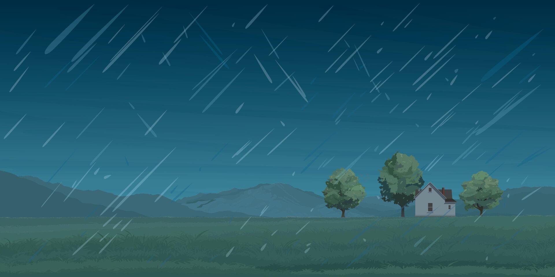 Raining in rural landscape side view flat design graphic illustrated have blank space. vector