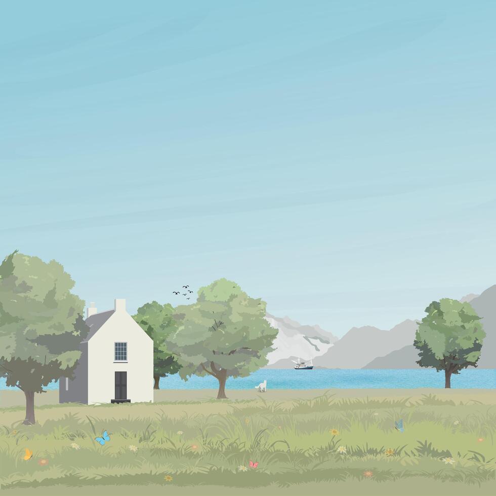 Rural landscape side view with lake, hills, field, trees, grass, country house and mountain ranges graphic illustrated have blank space. vector