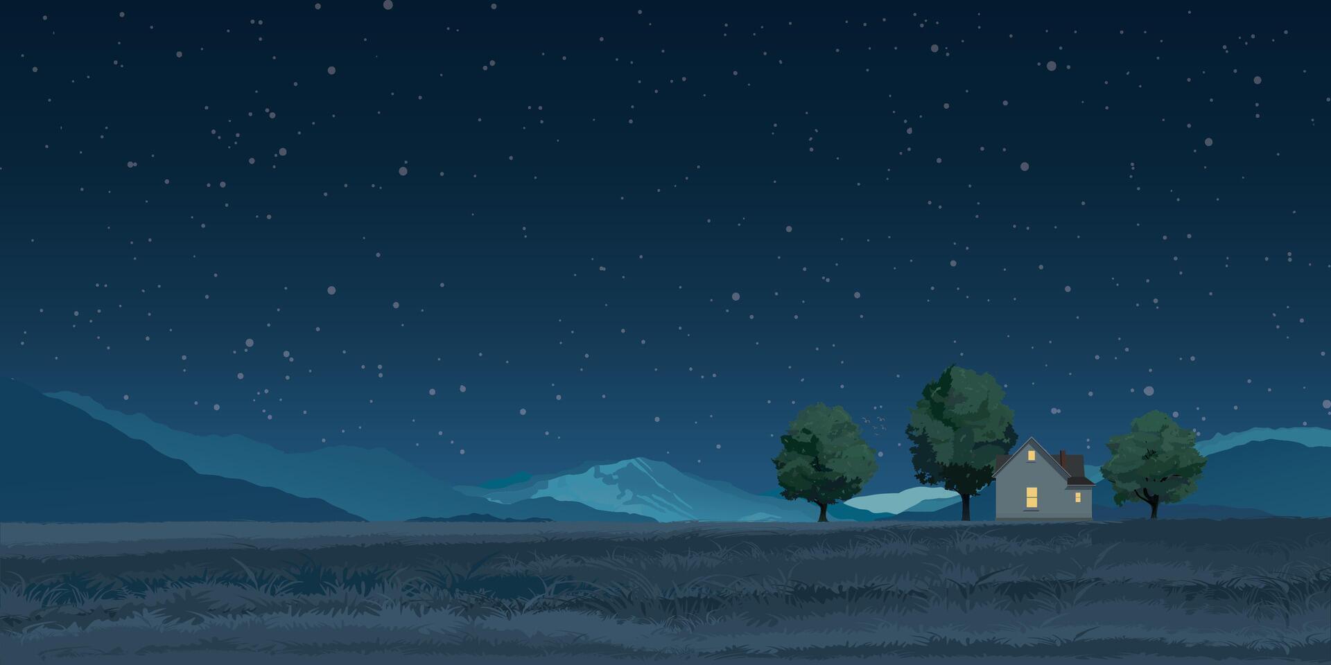 Night at rural landscape side view flat design graphic illustrated have blank space. vector