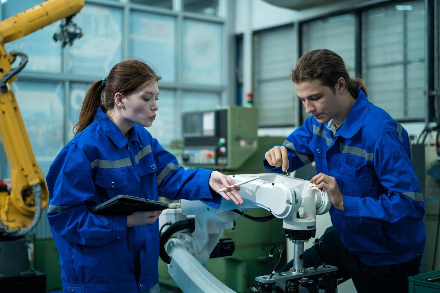 A group of Robotics engineers working with Programming and Manipulating Robot Hand, Industrial Robotics Design, High Tech Facility, Modern Machine Learning. Mass Production Automatics. photo