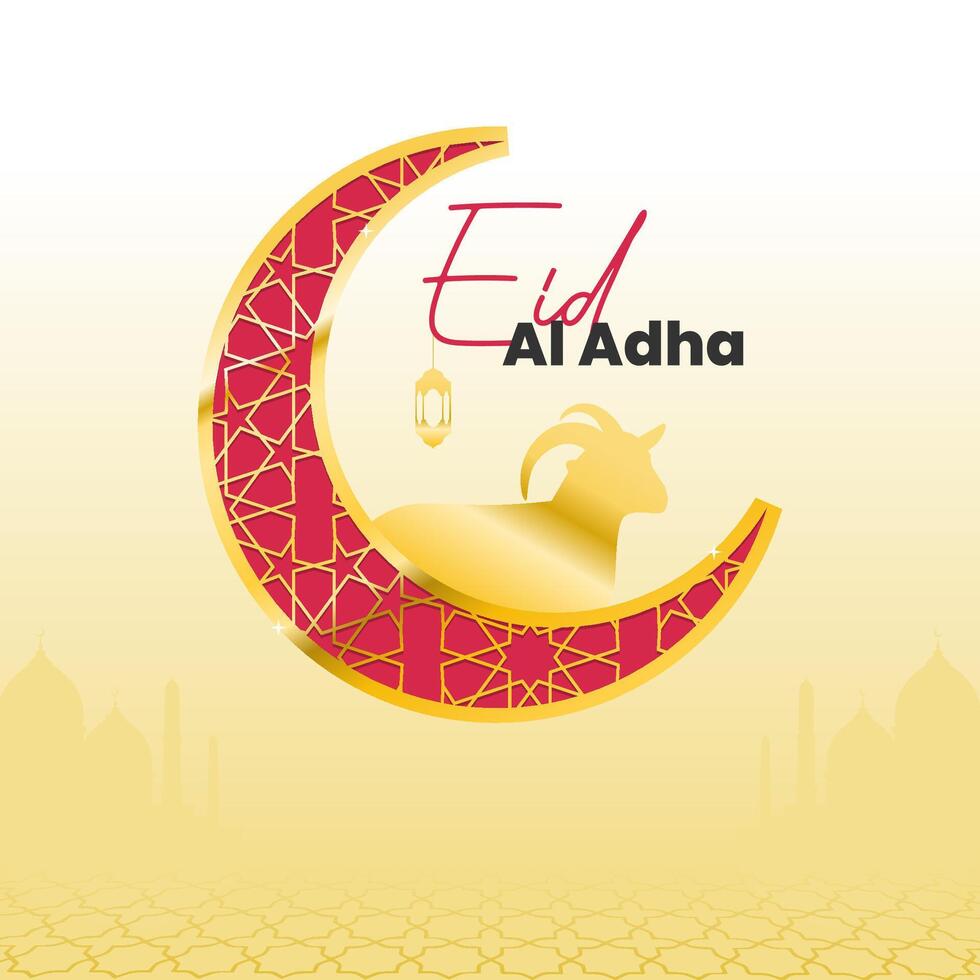 Eid Al Adha mubarak greeting with goat and moon illustration vector