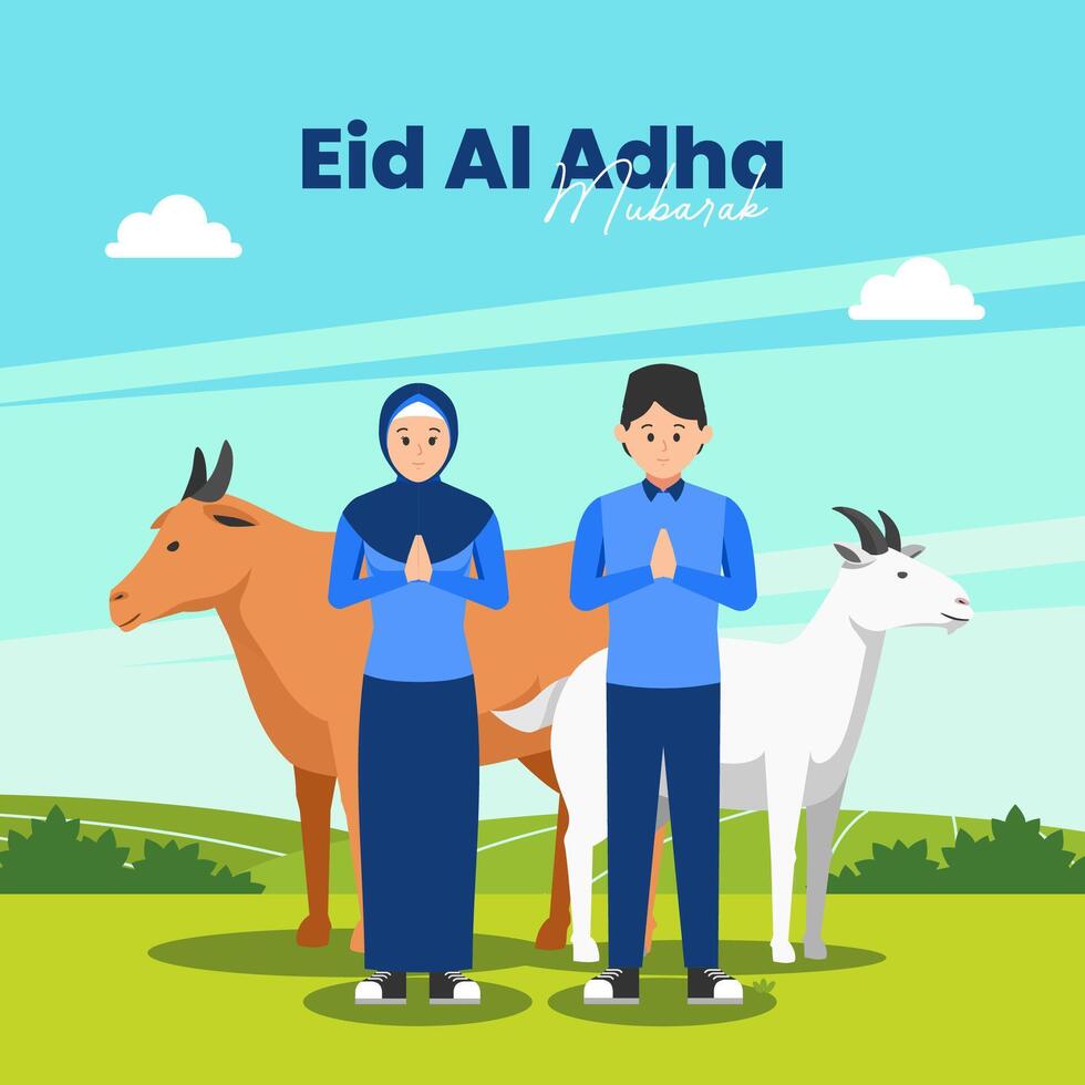 eid al adha greeting with muslim couple, goat and cow vector