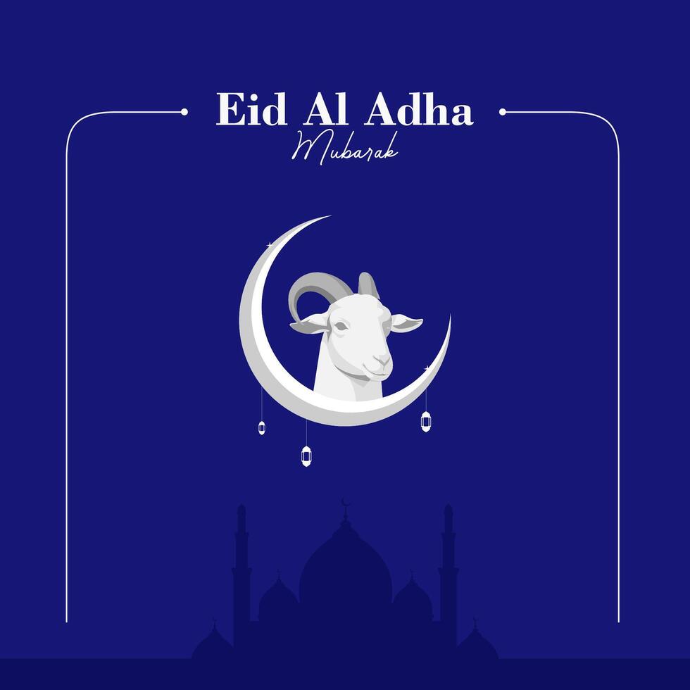 Eid Al Adha mubarak greeting with goat and moon illustration vector