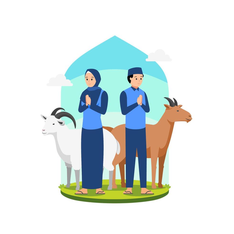 eid al adha greeting with muslim couple, goat and cow illustration vector