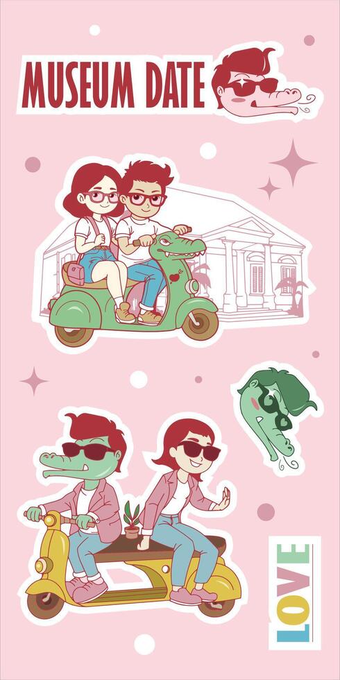 Museum date, Couple Riding Scooter. kawaii cartoon vector