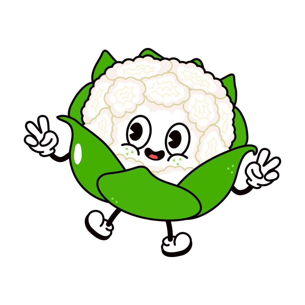 Jumping Cauliflower character. Hand drawn traditional cartoon vintage, retro, kawaii character illustration icon. Isolated on white background. Cauliflower jump character concept vector