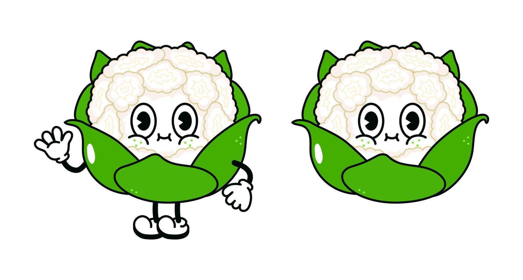 Cauliflower character. Hand drawn traditional cartoon vintage, retro, kawaii character illustration icon. Isolated on white background. Cauliflower character concept vector