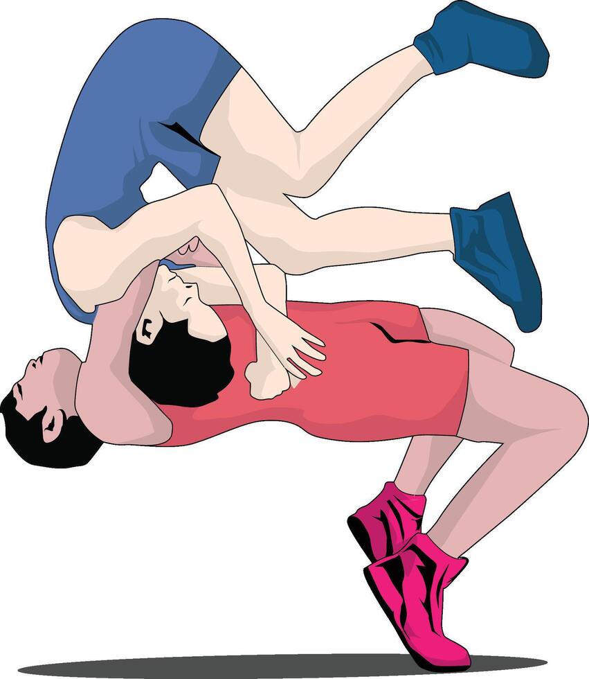 Intense Battle, Wrestling Match Between Red and Blue-Clad Men vector