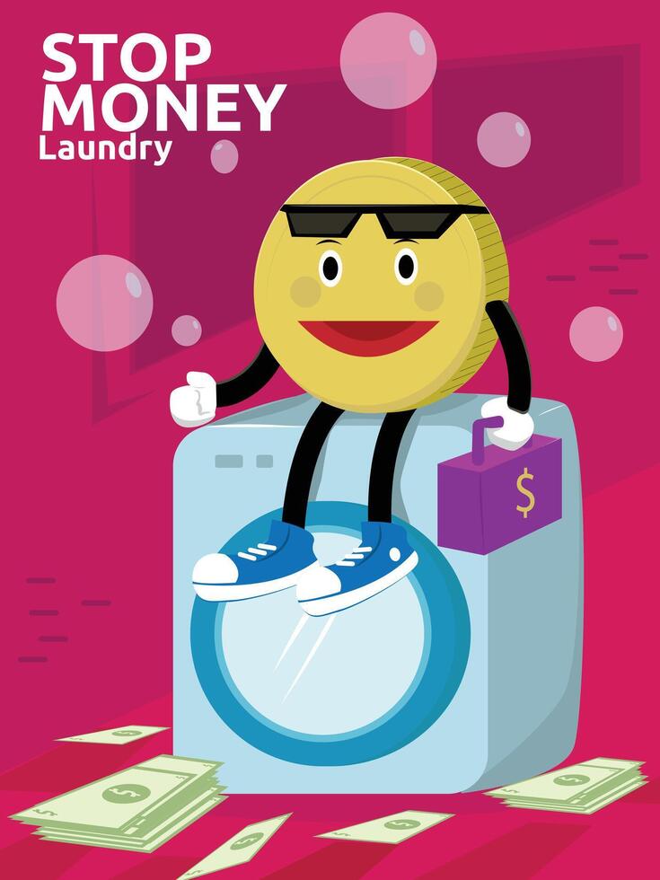 An illustration depicting money laundering with coins sitting on top of a washing machine and scattered money below. vector
