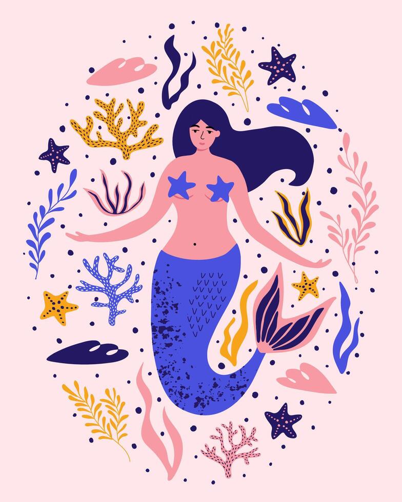 Cute mermaid with seaweed, corals, starfish. vector