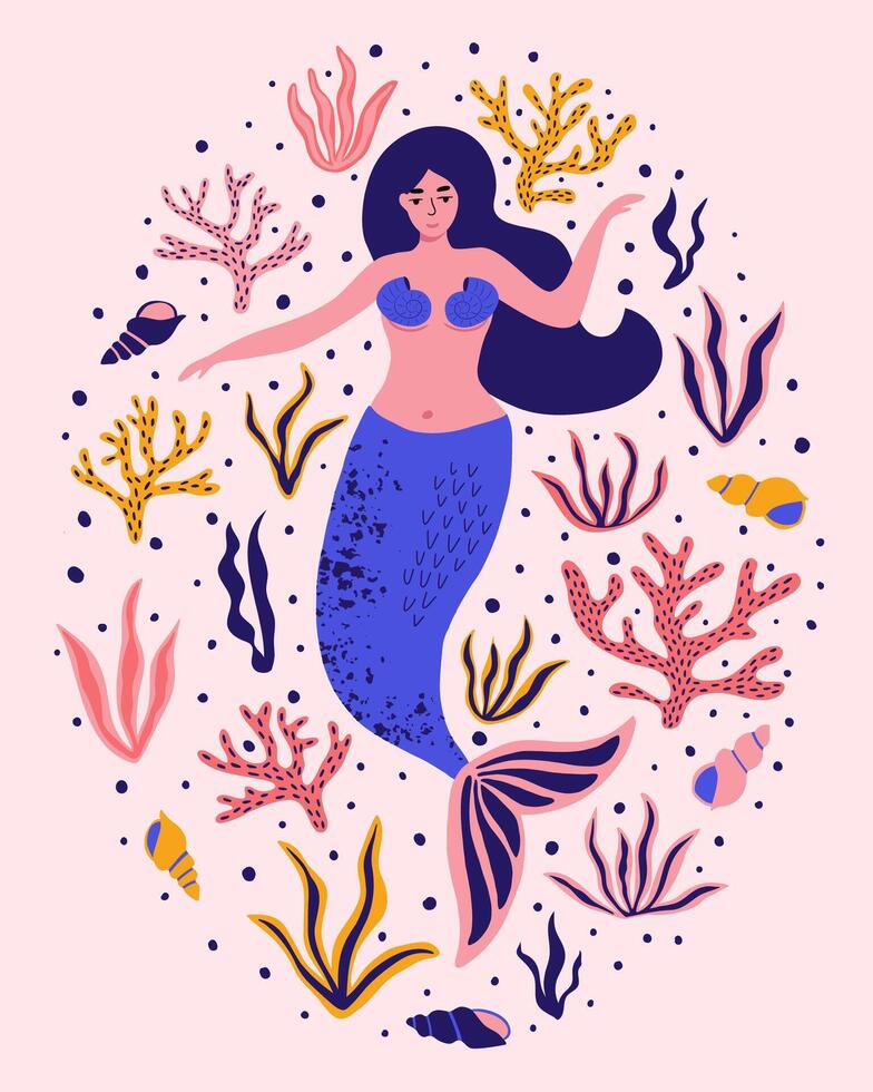 Cute mermaid with seaweed, coral, shell. Fantastic summer background for textile, greeting card. Hand drawn illustration. vector