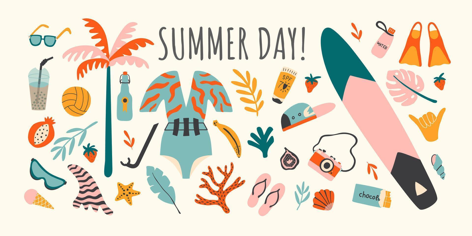 Set of summer beach elements. Cartoon tropical bundle with swimsuit, surfboard, palm, ice cream. Hand drawn illustration. vector