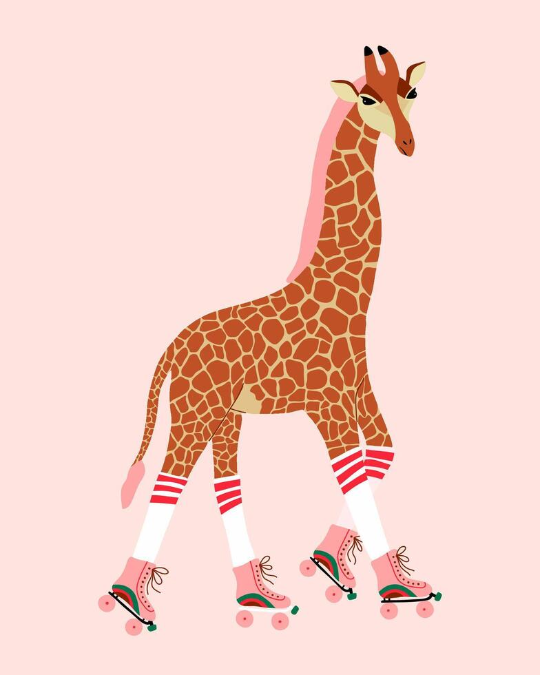 Cute giraffe on roller skates. African animal with spots. Hand drawn