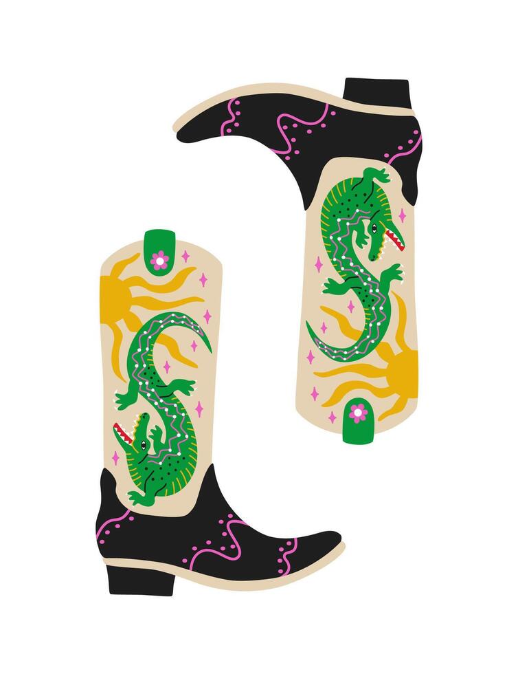 Retro cowgirl boot with alligator and sun. Groovy cowboy western and wild west theme. Hand drawn design for t shirt, sticker, poster. vector