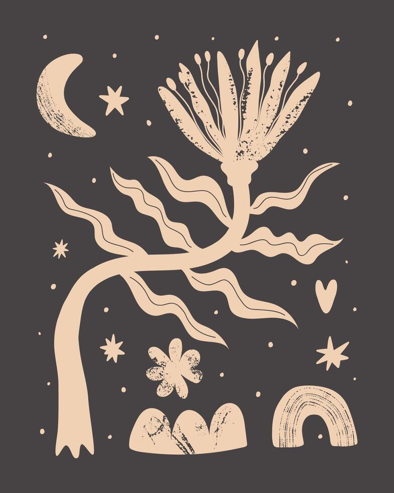 Modern exotic abstract print with plants, stars, rainbow, moon in black and white style. Creative collage in contemporary style. Fashionable template for t-shirt, poster, design and more. vector