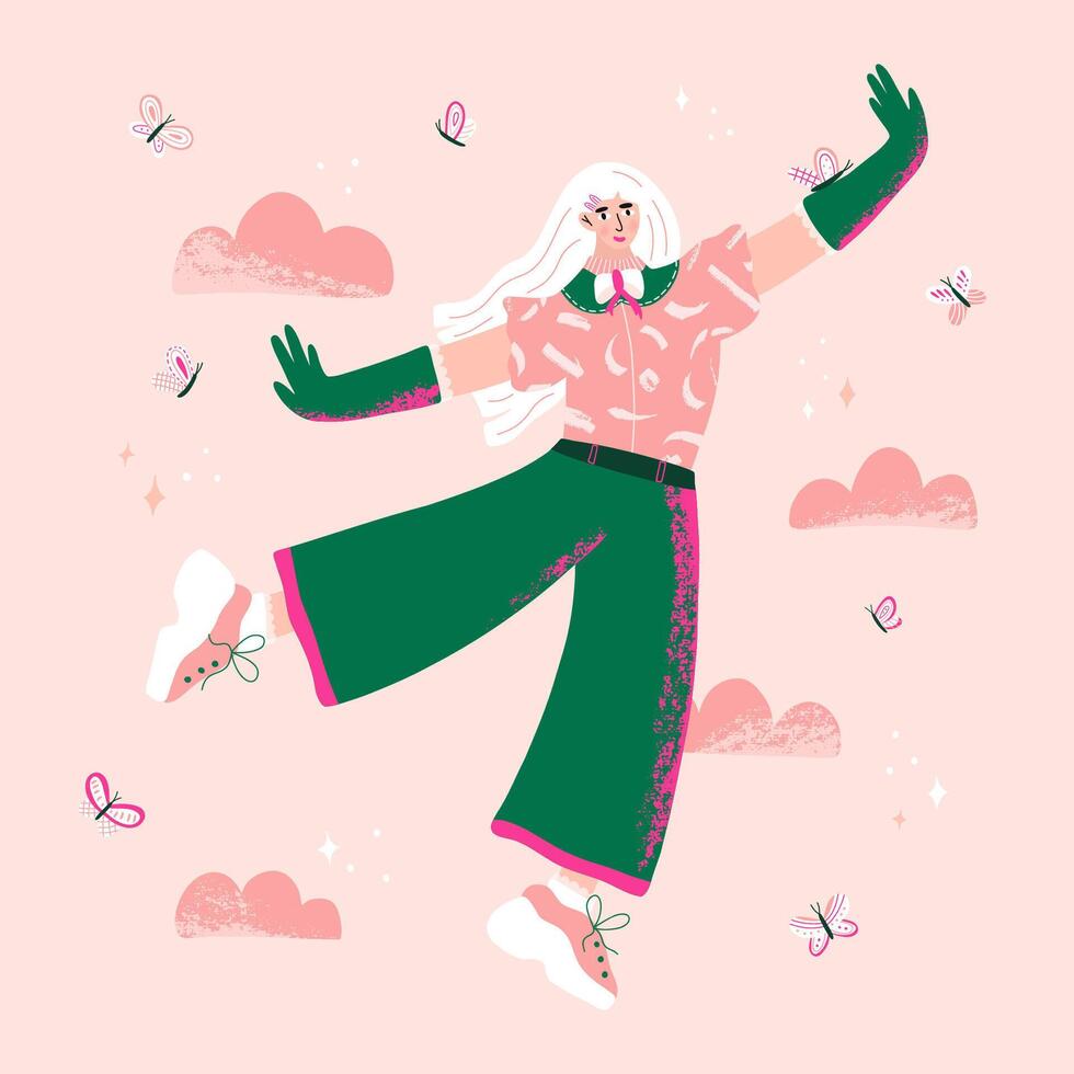Young woman or girl flying in the clouds with butterflies. Group of friends or feminist activists. Female character isolated on pink background. World peace concept. Cartoon illustration. vector