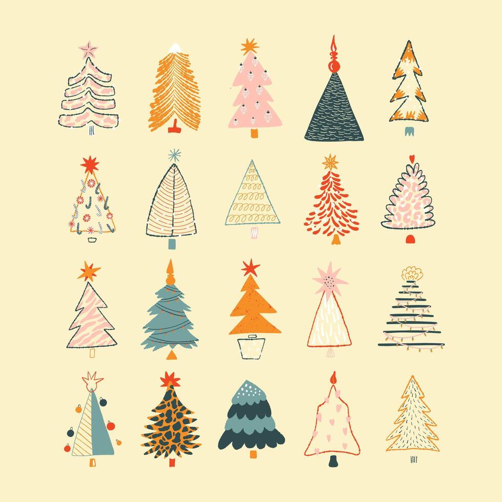 Set of Christmas trees in scandinavian style. New Years and xmas traditional symbol tree with garlands, snowflakes, light bulbs, stars. hand drawn illustration. vector