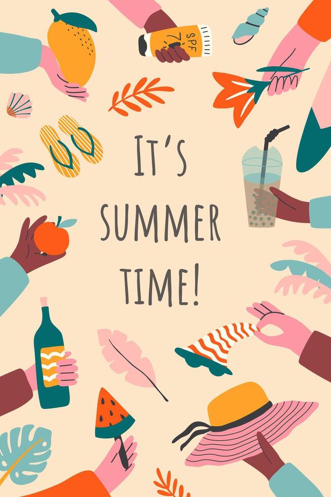 Summer poster with hands holding summer things. Background with hat, apple, surfboard, ice cream, mango. vector