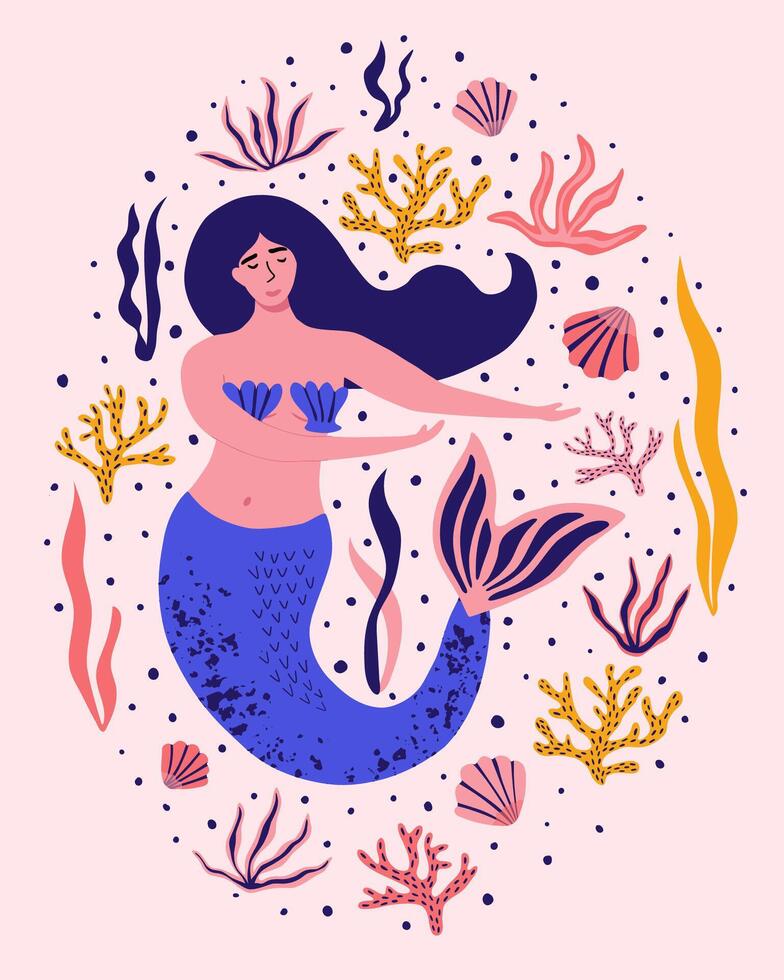 Cute mermaid with seaweed, corals, shells. Nautical hawaiian summer background for textiles, t-shirts, greeting cards and more. Hand drawn illustration. vector