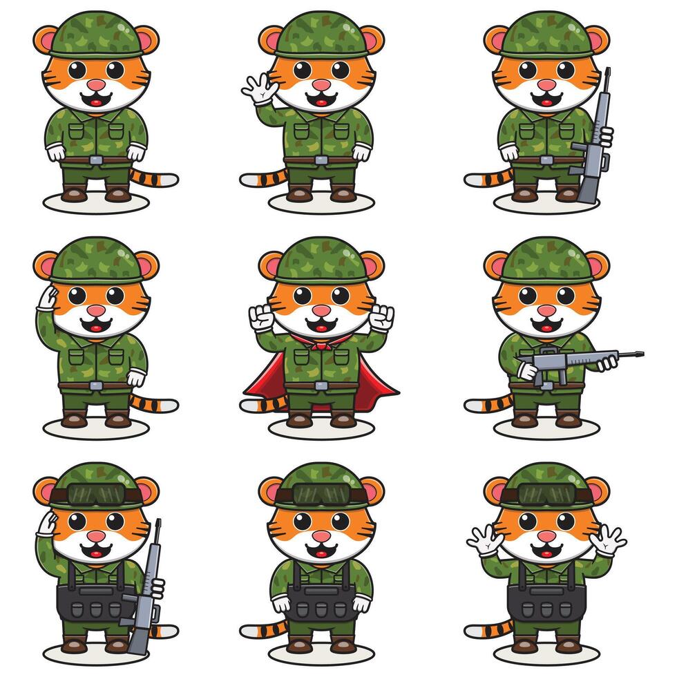 Cute Tiger soldier in camouflage uniform. Cartoon funny Tiger soldier character with helmet and green uniform in different positions. Funny Animal illustration Set. vector