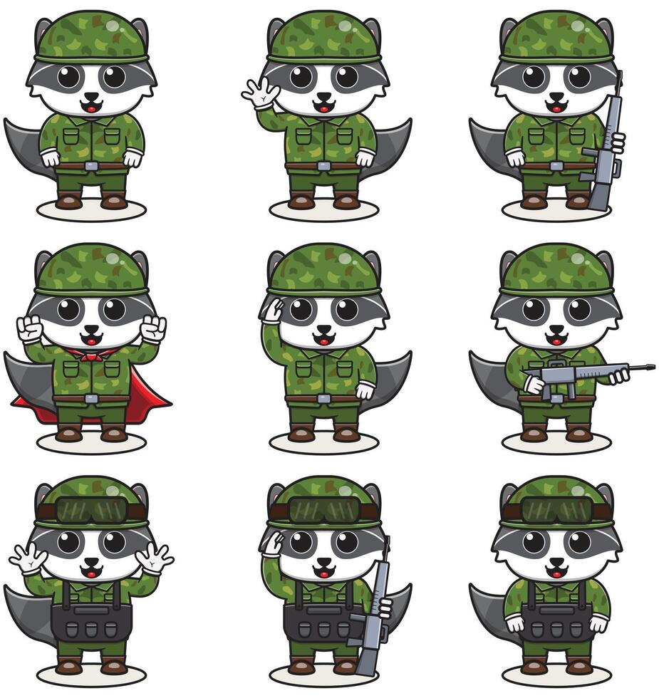 Cute Raccoon soldier in camouflage uniform. Cartoon funny Raccoon soldier character with helmet and green uniform in different positions. Funny Animal illustration Set. vector
