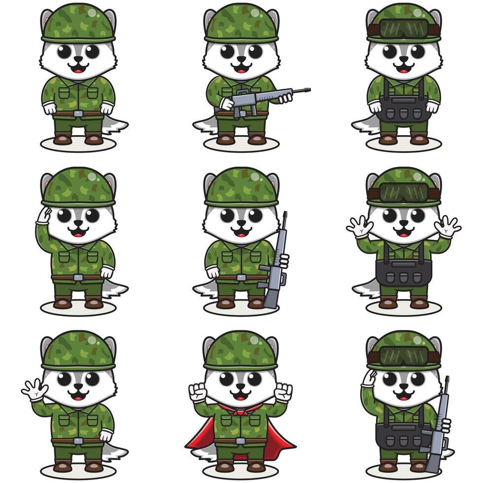 Cute Wolf soldier in camouflage uniform. Cartoon funny Wolf soldier character with helmet and green uniform in different positions. Funny Animal illustration Set. vector