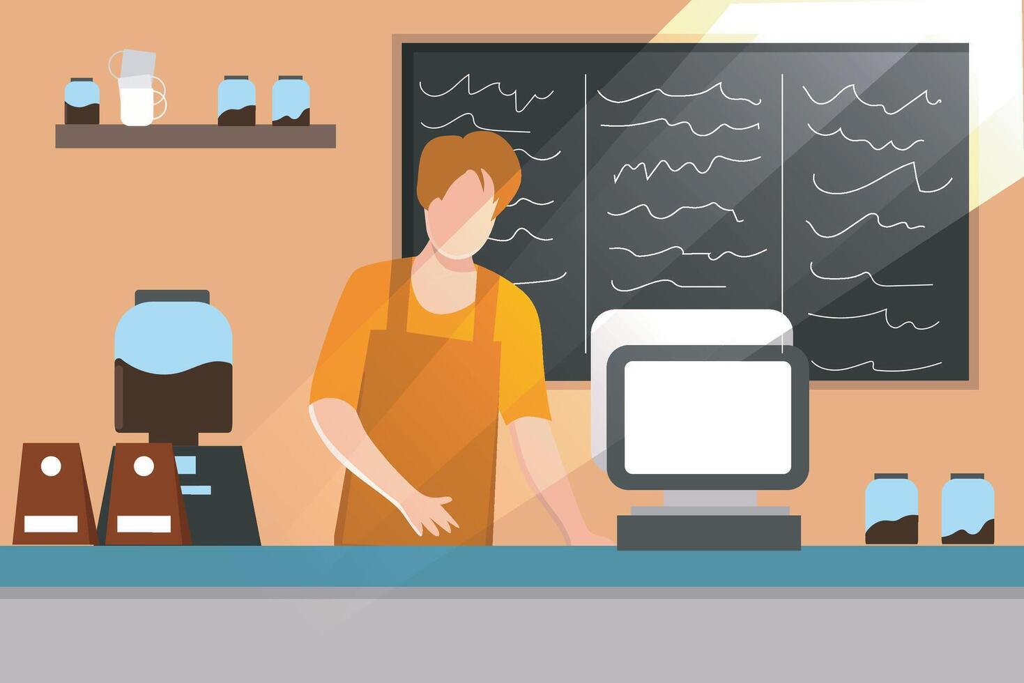 young male barista is making coffee drinks in a cafe and counting money. illustration vector