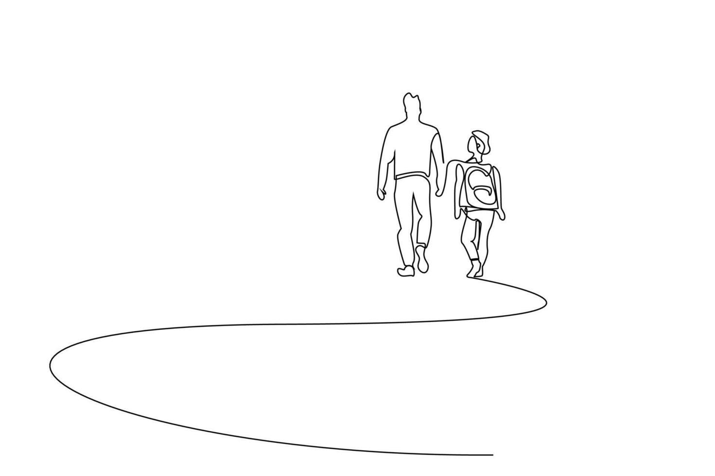 father and son backpack walking together going to school back behind rear view line art vector
