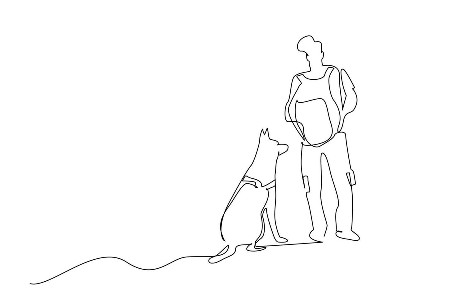 backpacker man and dog friend walking in nature together discovering lifestyle line art vector