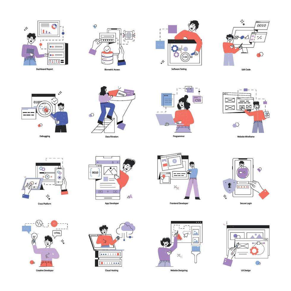 Collection of Web Programming Linear Mini Illustrations vector