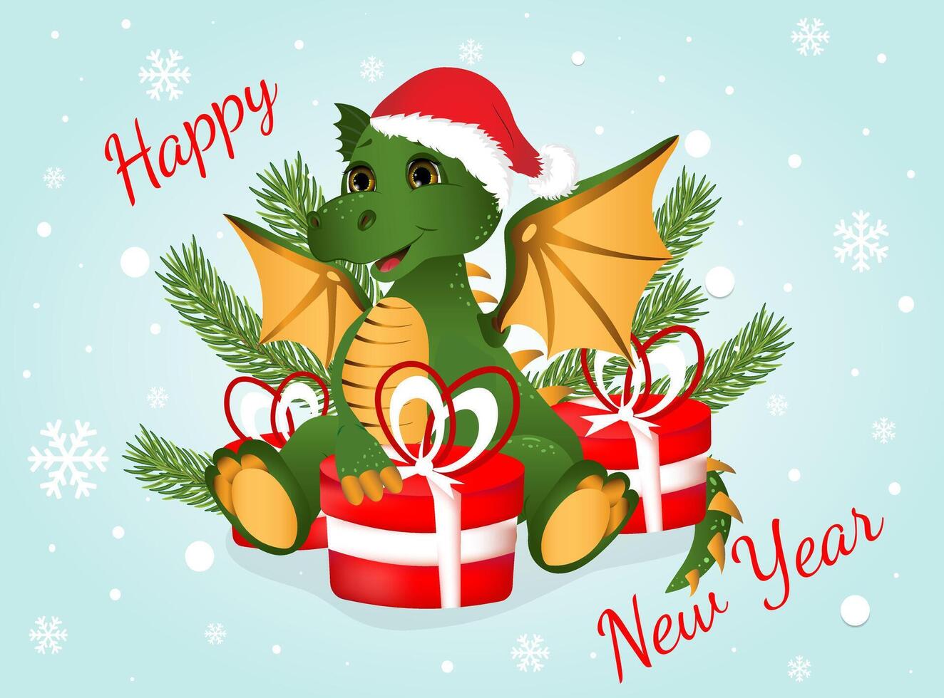 Greeting postcard. Happy new year and Merry Christmas with green dragon and red gifts boxes. vector