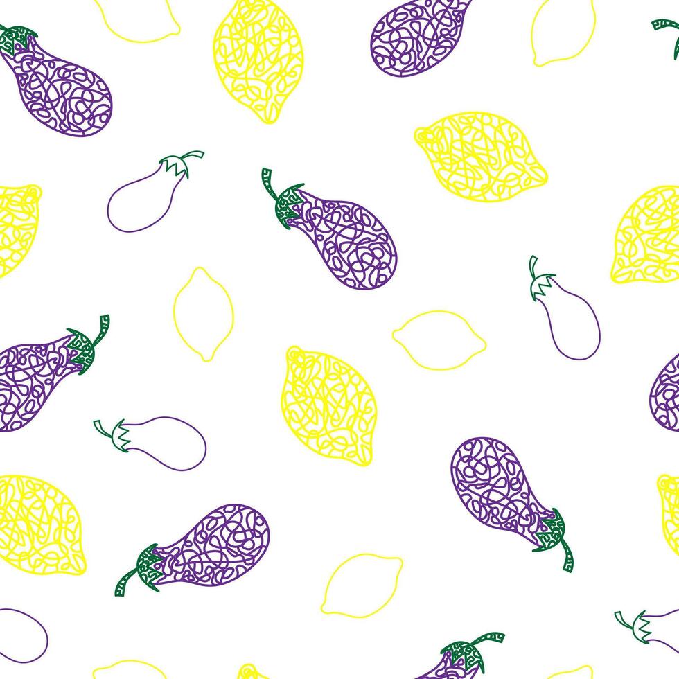 Seamless pattern with hand drawn lemon, eggplant on white background in childrens naive style. vector