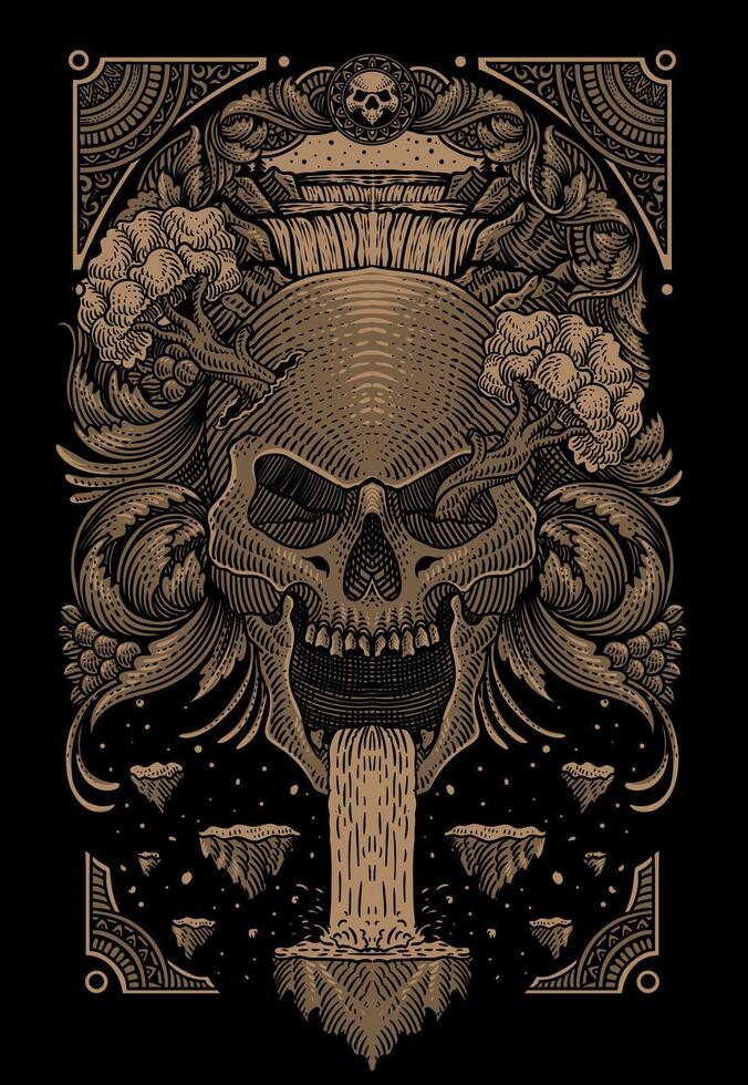 Illustration skull waterfall with engraving ornament style - Eps 10 vector