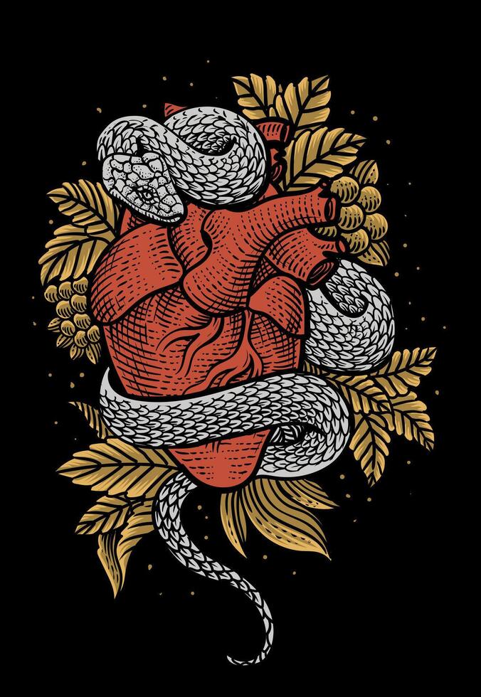 Illustration heart snake with engraving hand drawn style - Eps 10 vector
