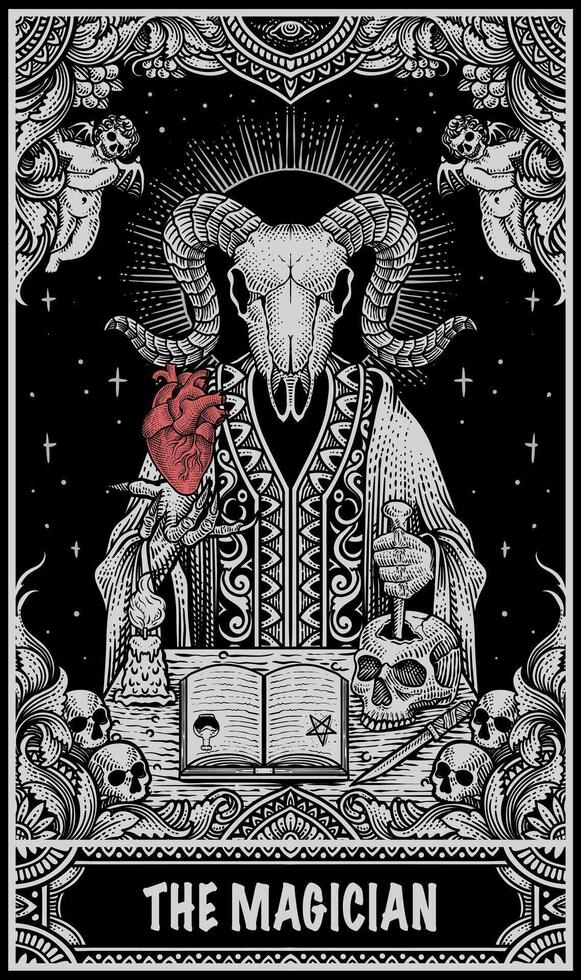 Illustration demon goat skull with engraving hand drawn style - Eps 10 vector