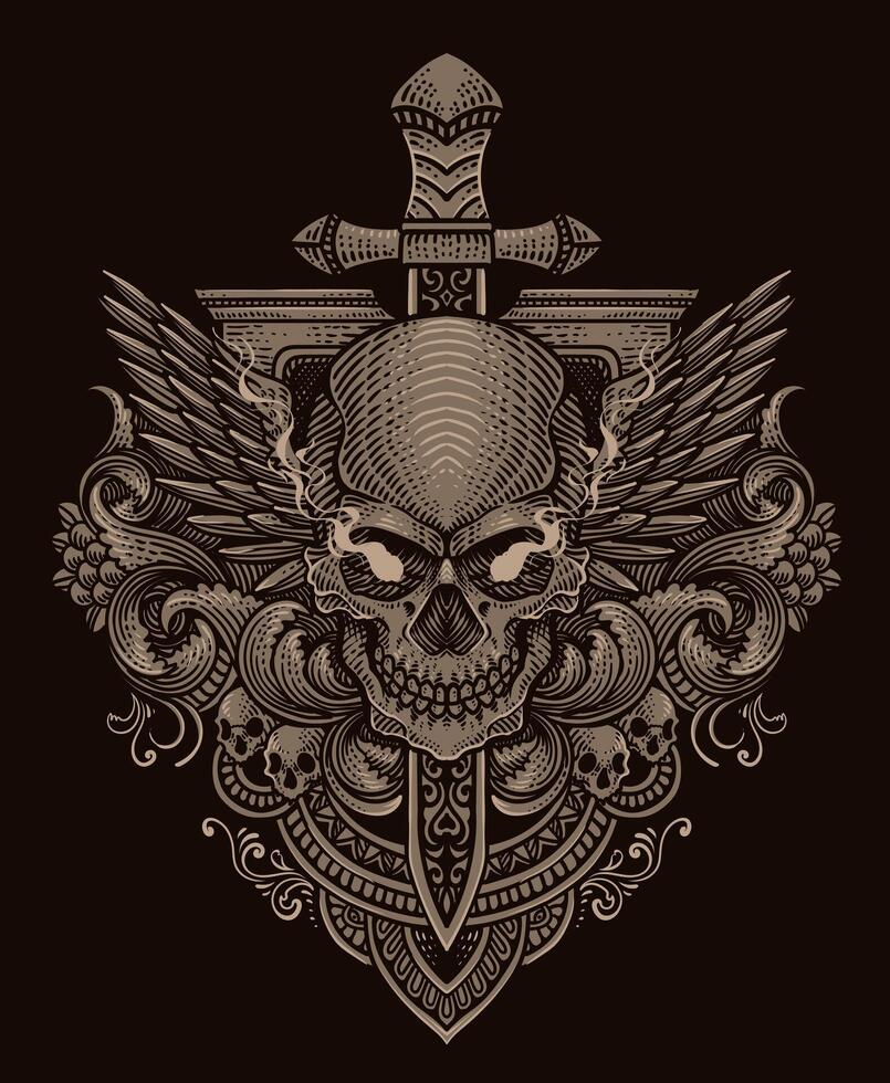 Illustration gothic skull with wings engraving ornament hand drawn - Eps 10 vector
