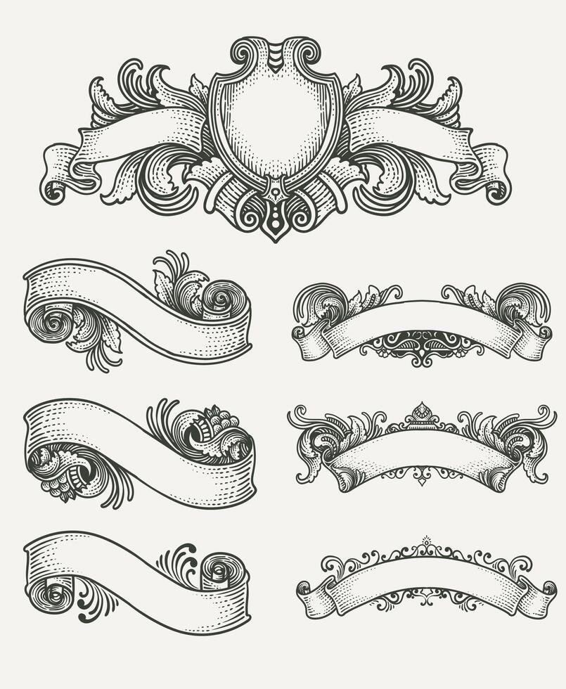 Vintage engraving ribbon decorative ornament design elements, Illustration hand drawn - Eps 10 vector