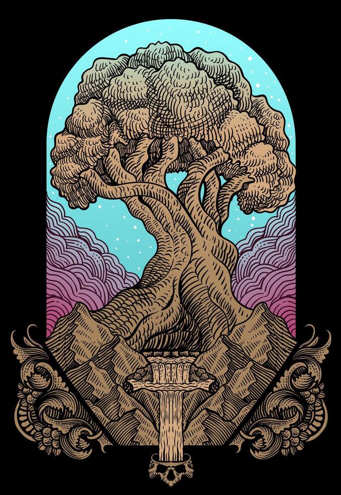 Illustration tree of life engraving ornament hand drawn style - Eps 10 vector