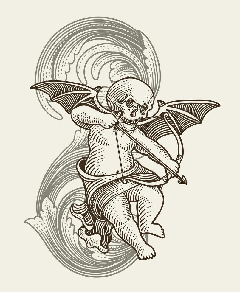 Illustration devil cupid holding bow and arrow, engraving hand drawn - Eps 10 vector