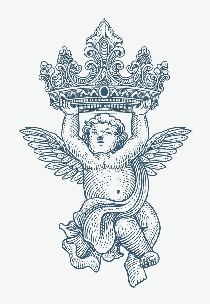 Illustration cupid angel holding crown engraving hand drawn style - Eps 10 vector