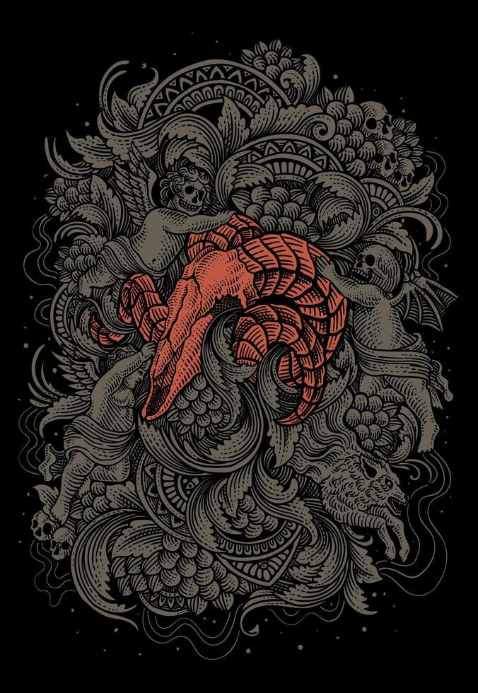Gothic illustration goat skull with demon and angel engraving ornament hand drawn - Eps 10 vector