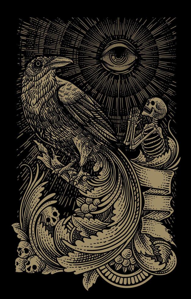 Illustration raven with skull engraving ornament - Eps 10 vector