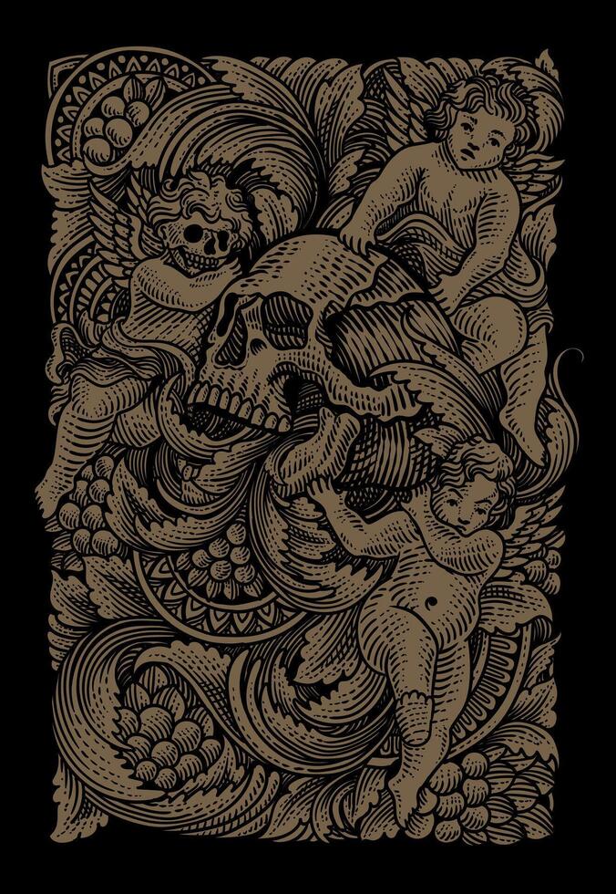 Illustration skull and angel with antique engraving ornament hand drawn - Eps 10 vector