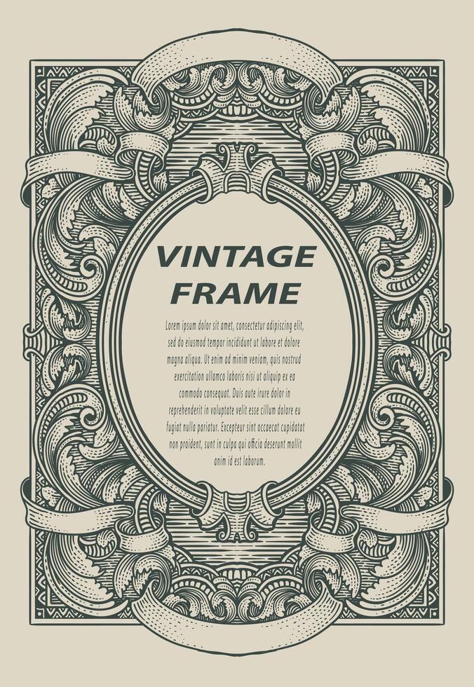 Vintage border frame engraving with antique ornament pattern - Design vector